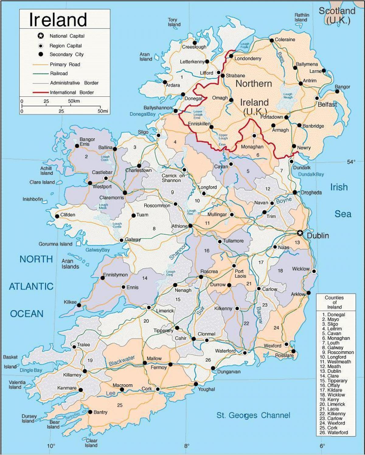 خريطة ايرلندا تظهر المدن
