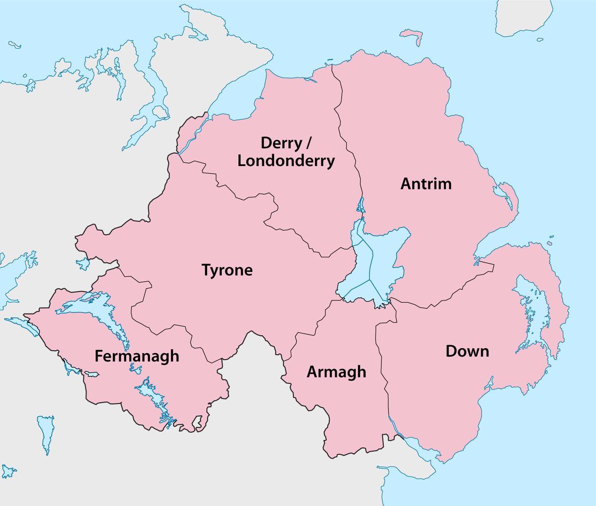 خريطة ايرلندا الشمالية المقاطعات والبلدات